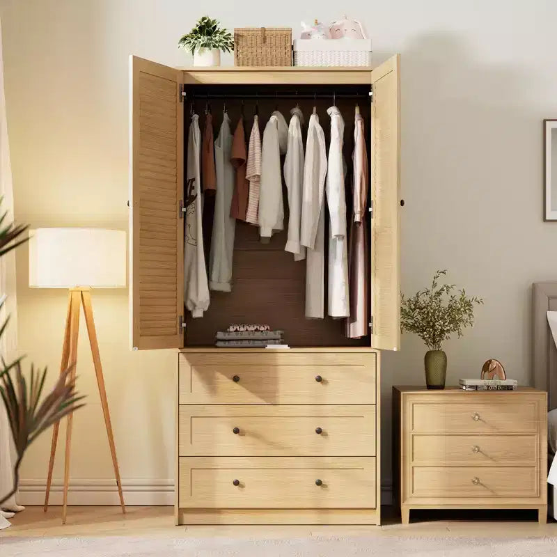 COZONY Armoire Wardrobe with 3 Drawers & 2 Doors, Modern Wooden Closet Cabinet for Bedroom, Heavy Duty White Standing Armoire – Image 20