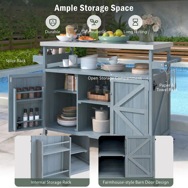 Outdoor Kitchen Island, Rolling Bar Cart & Storage Cabinet,Solid Wood Grill Table with Stainless Steel Top,Spice Rack,Towel Rack – Image 15