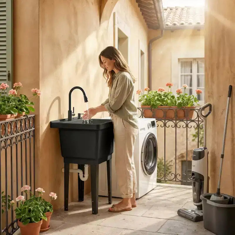Portable Utility Sink Laundry Tub, Freestanding Laundry Sink with Faucet Soap Dispenser Hoses – Image 2