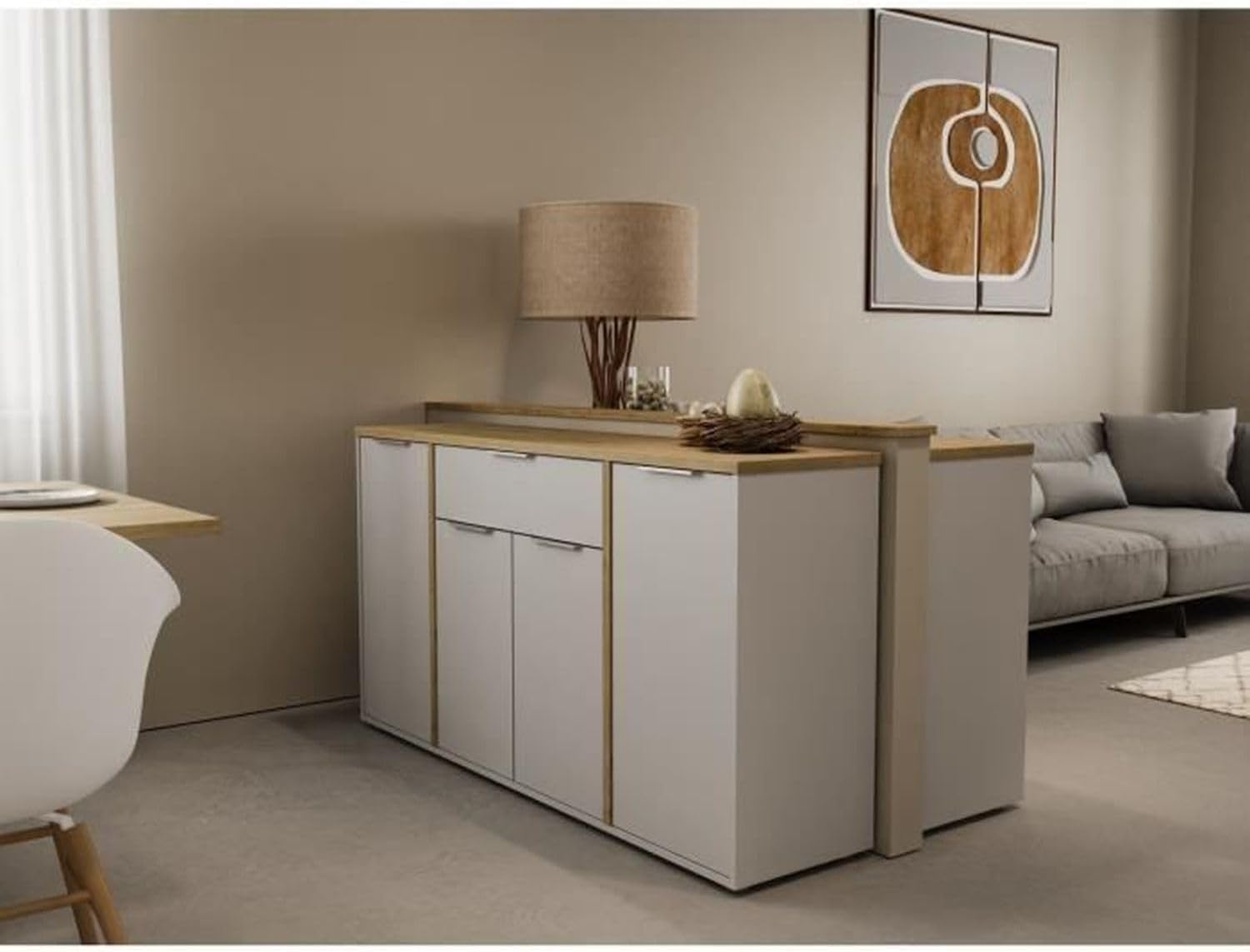 Buffet Moderne 4 Portes et 1 Tiroir - Style Scandinave - Coloris Blanc Mat et Chêne Hamilton - 160,7 x 39,6 x 85,6 cm – Image 2