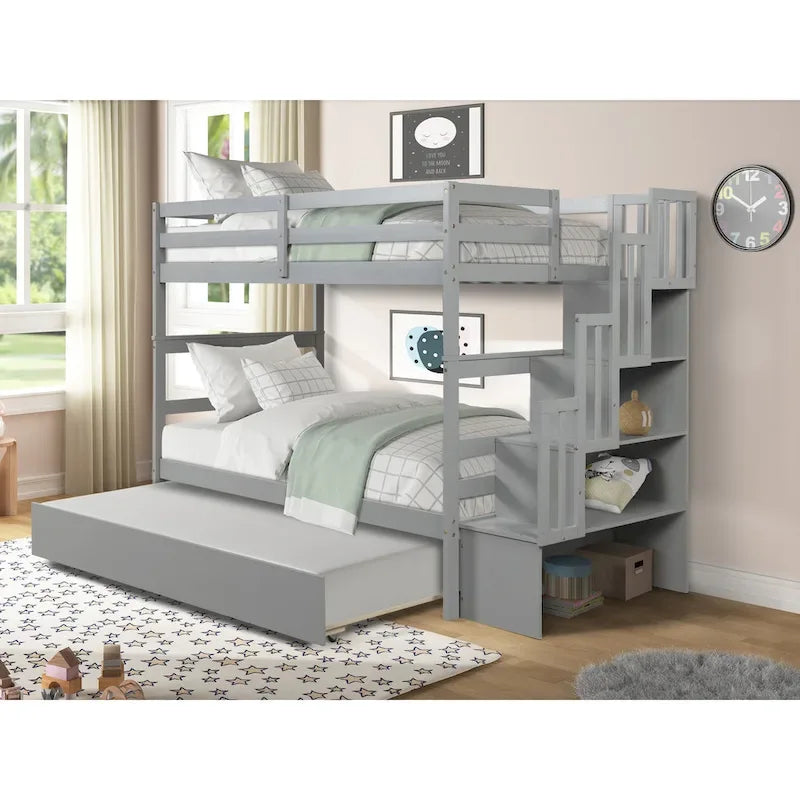 Twin over Twin Bunk Beds With Twin Trundle and Stairway Storage Function in Grey Color – Image 4