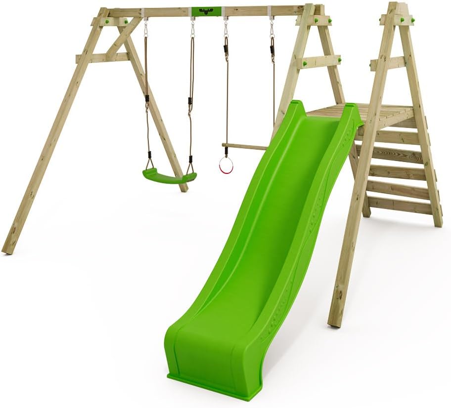 FATMOOSE Portique de Balançoire JollyJack - Double Avec Toboggan Vert Pomme et Annexe à Grimper, en Bois Pour Enfants Dans Le Jardin