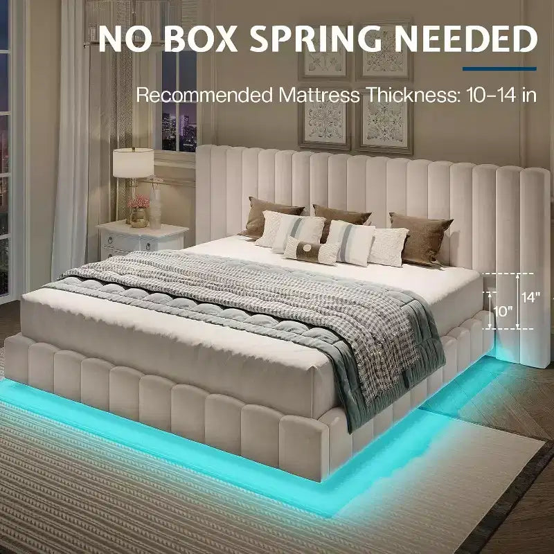 AMERLIFE Upholstered Platform Bed with LED Lights, Floating Design, Solid Slat Support – Image 9
