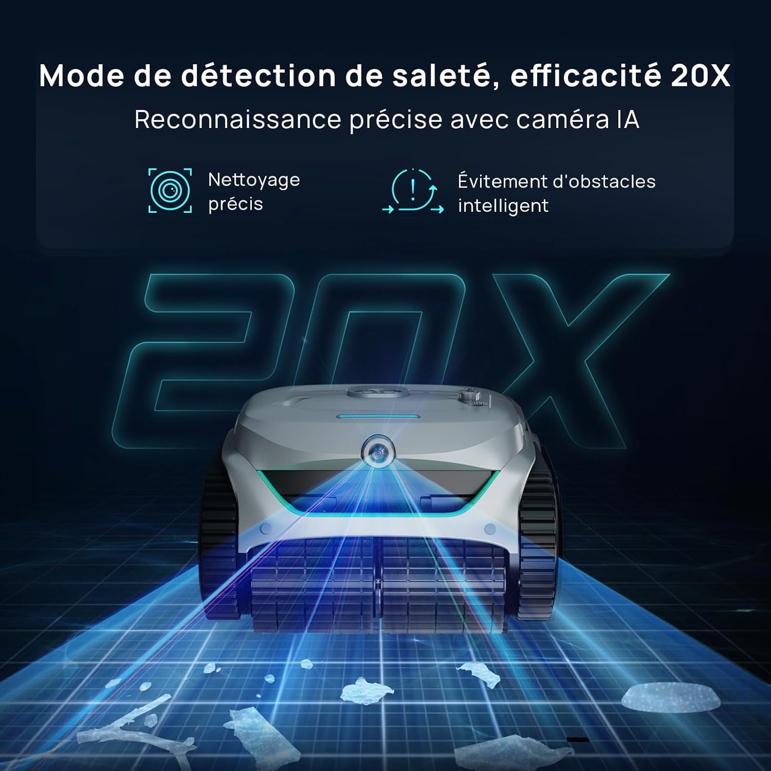 WYBOT (Nouveau Modèle) Robot Piscine sans Fil C2 Vision-A avec caméra IA, Filtration Ultra-Fine, Forte Aspiration, Nettoyage Fond/parois & Ligne d’Eau, Navigation Intelligente – Blanc – Image 2