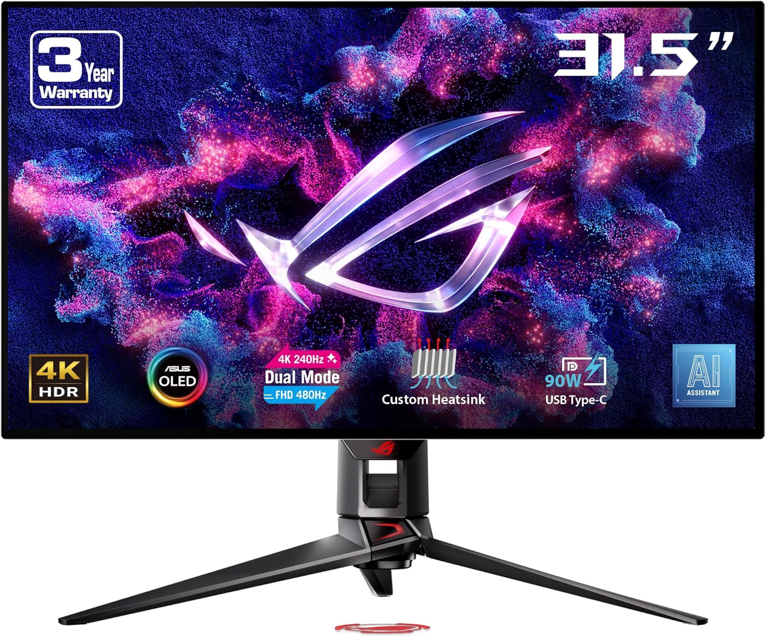 ROG Swift OLED PG32UCDP 32, 4K 240Hz ou FHD 480Hz, 0,03 ms (GTG), G-Sync, dissipateur Thermique, OLED Care, AI Assistant, DisplayHDR 400 True Black, 99 pour cent DCI-P3, 10 Bits, Type-C 90W PD