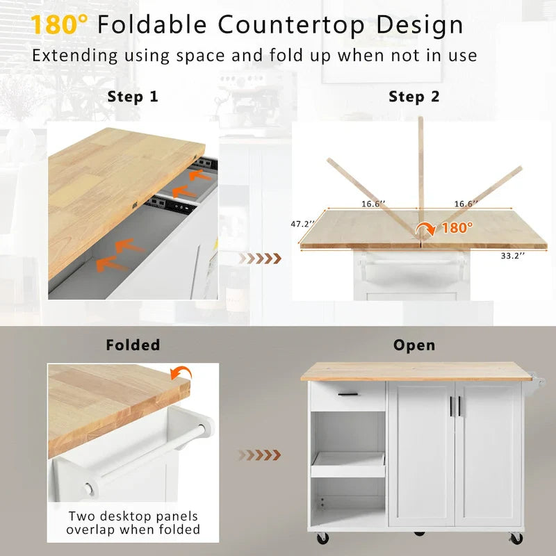 Kitchen Island with Foldable Counter Top, Kitchen Storage Cart with Slide-Out Shelf, Towel Rack and Drawer, Rolling Wheels – Image 23