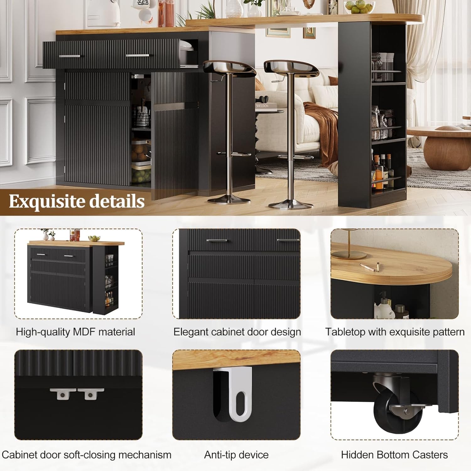 KOMHTOM Table de Bar Extensible avec Espace de Rangement, Meuble Bar avec 2 Portes en Verre, Rotation Libre à 360 °, étagères latérales (Noir-3) – Image 8