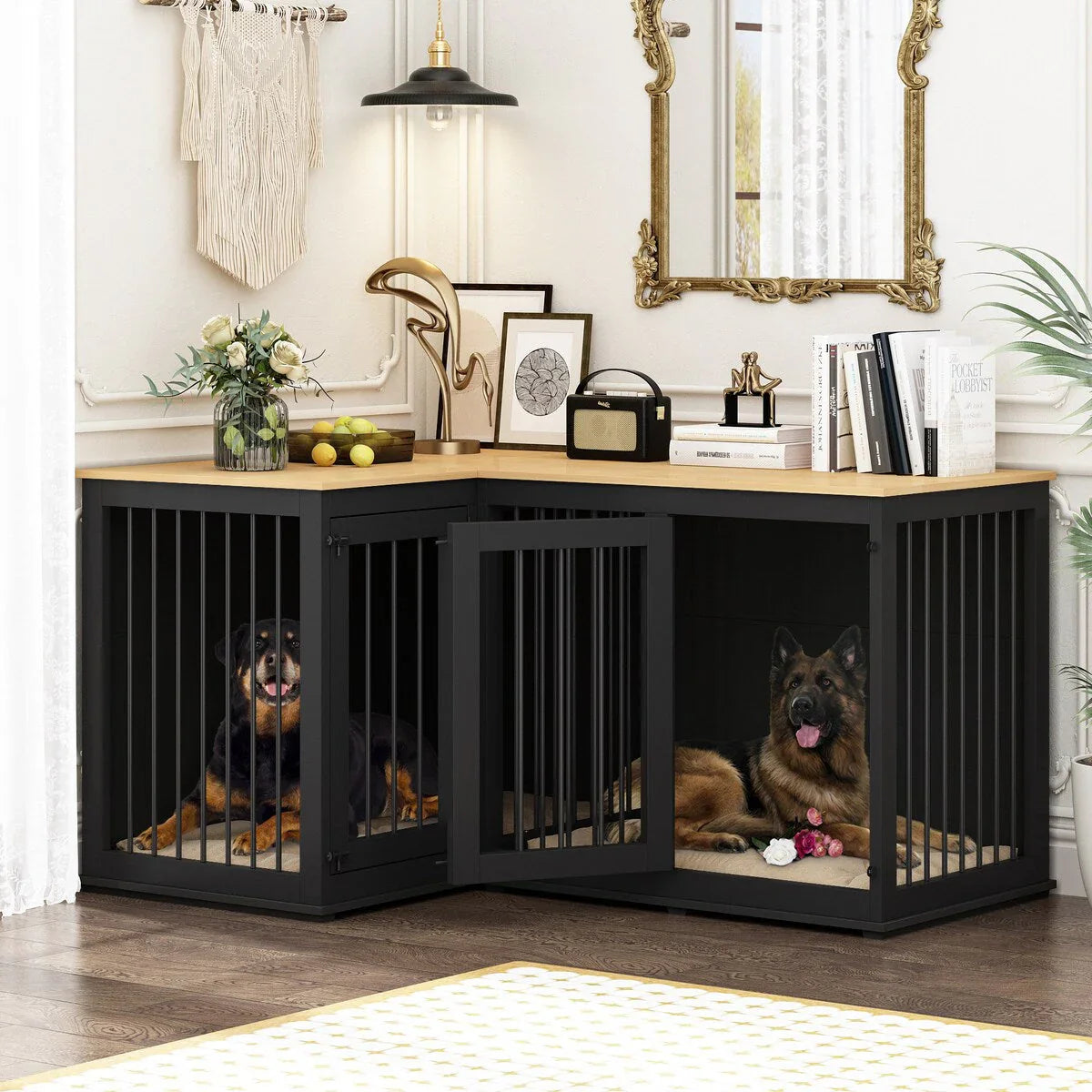 Large Corner Dog Crate Furniture for 2 Dogs, L Shape Dog Crate Cage - 58.7X41.1 – Image 30