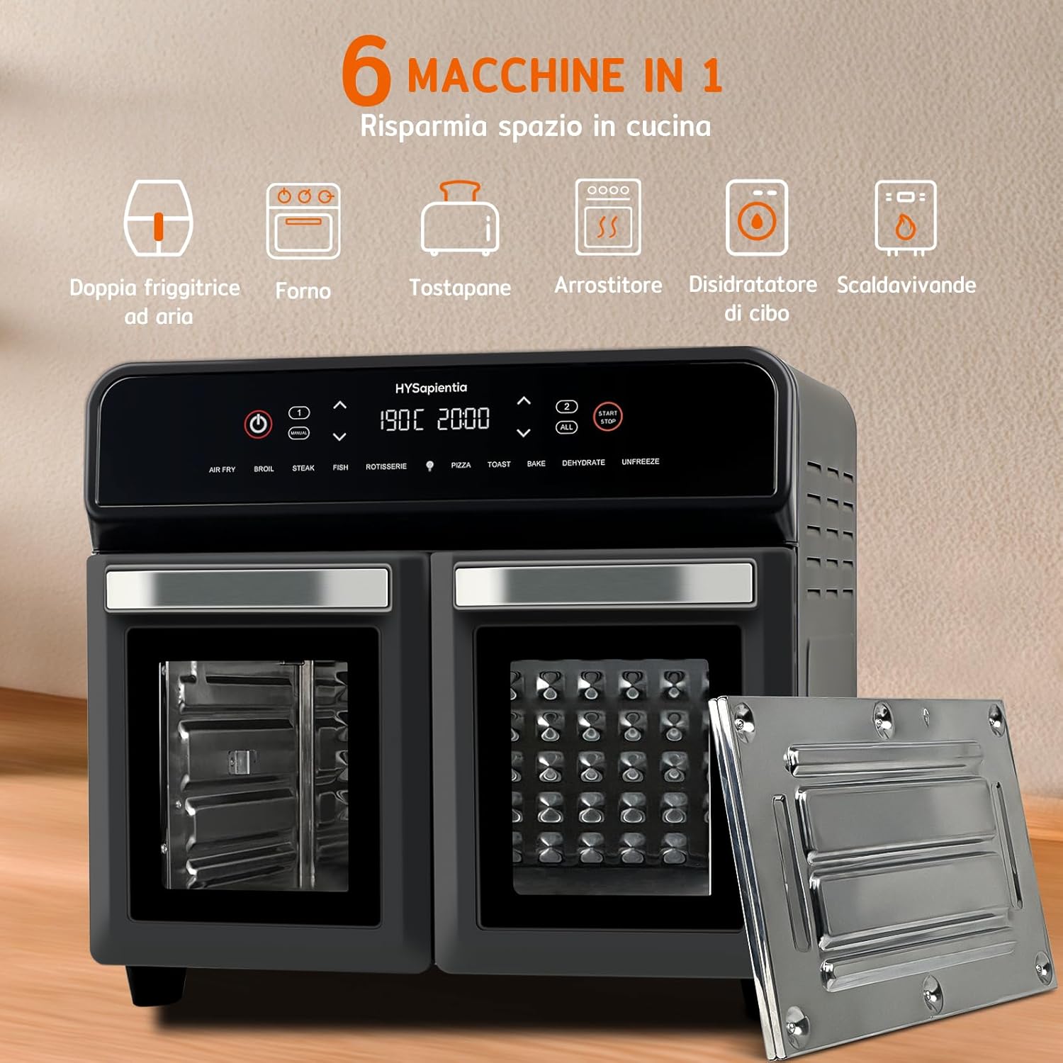 HYSapientia Four de 22 litres, Friteuse à air chaud, double panier, Friteuse à air chaud, 2400 W, 2 paniers en acier inoxydable, 10 fonctions, double température, divisée en deux gammes de serrage – Image 9