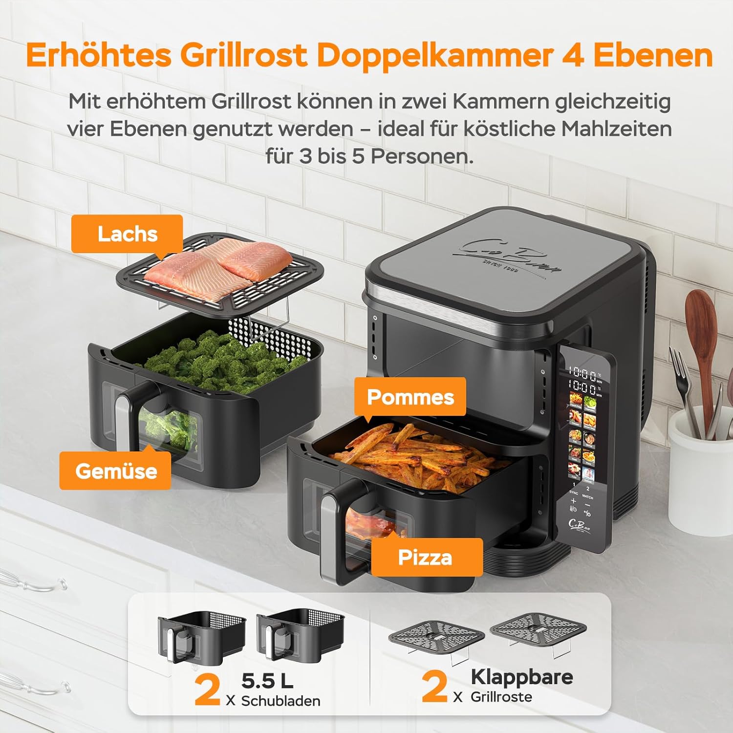 COBNN Friteuse à air verticale double compartiment, 11L Dual Zone Airfryer avec écran couleur pliable, 10 programmes, fenêtre de visualisation, matériau ignifuge V0, 2800W – Image 3