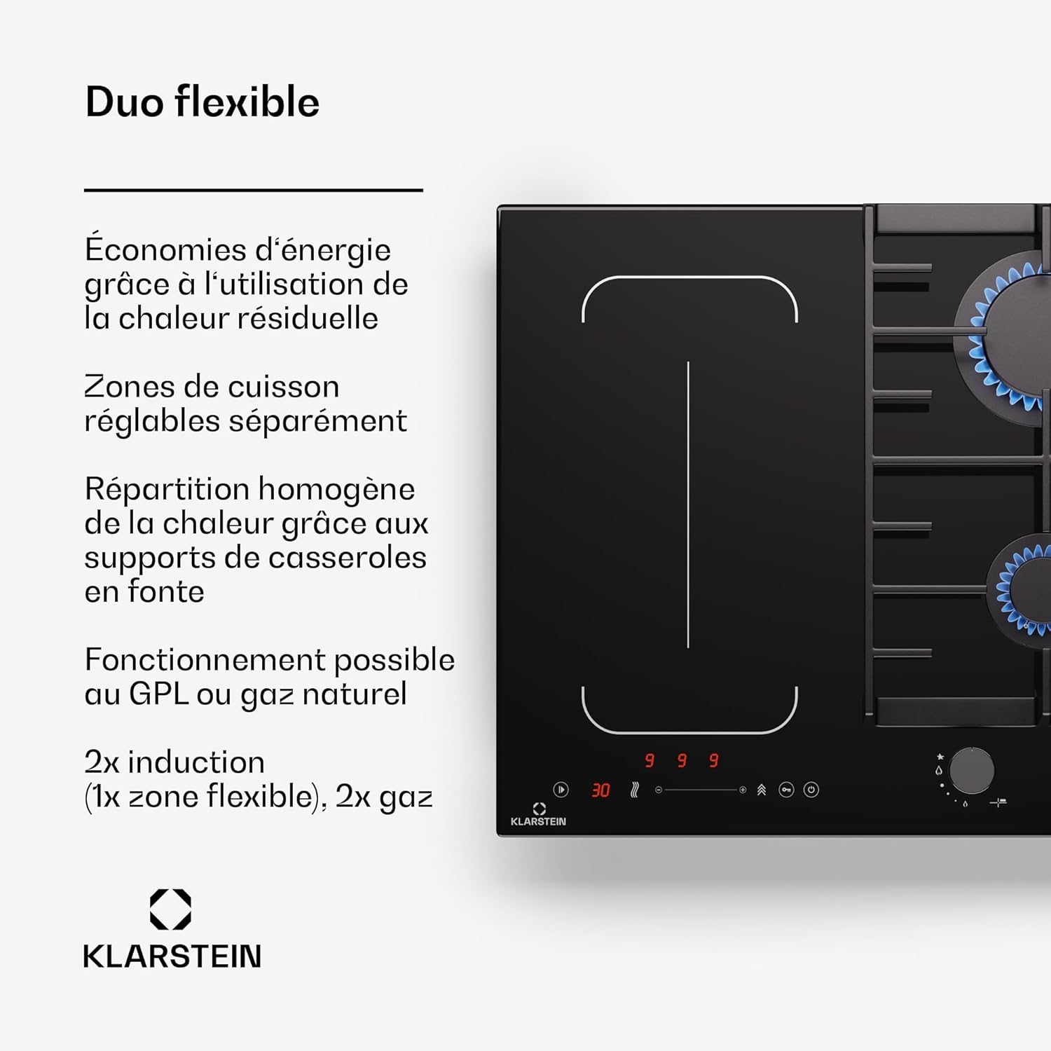 Klarstein MultiChef 4 Plaque Induction Et Gaz - 4 Zones, 2 Gaz et 2 Induction, Flexzone, 7Kw, StopetGo, Minuterie, Supports En Fonte Noir, 58,5Cm – Image 2