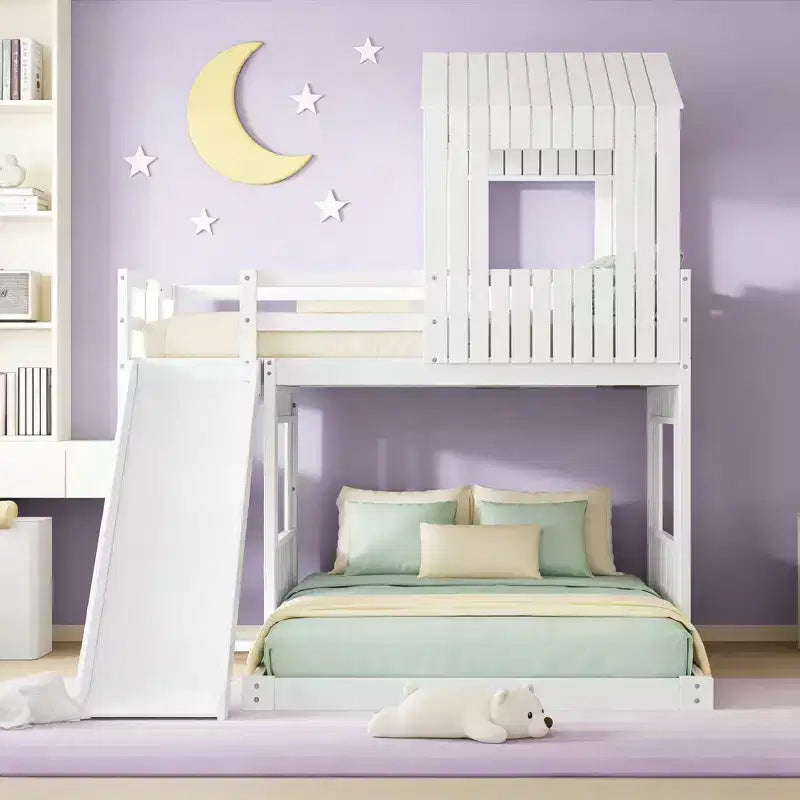 Luxystar Twin Over Full Wood Bunk Bed with Playhouse, Slide and Guardrails – Image 11