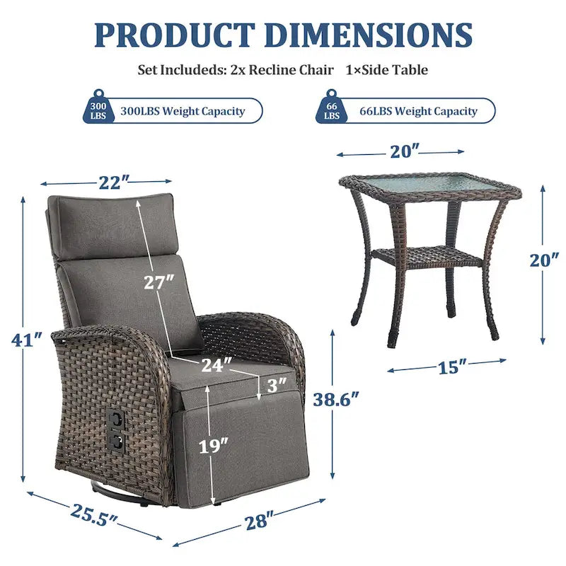 Pocassy 3PCS Versatile Outdoor Recliner Chair with Side Table Grey Cushion – Image 3