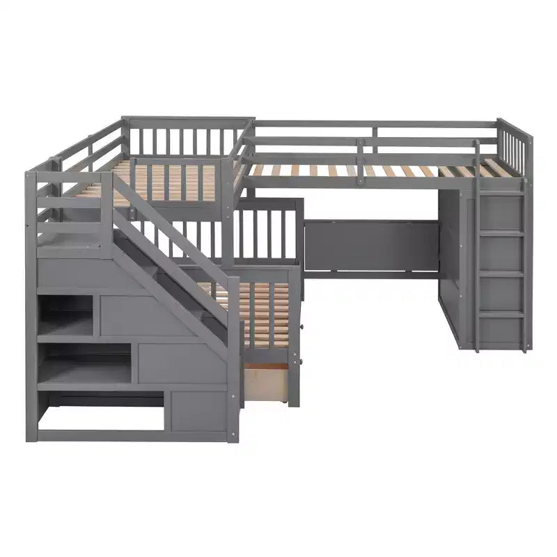 Whisen Modern Design Twin over Full L-Shaped Bunk Bed With 3 Drawers, Portable Desk and Wardrobe – Image 30