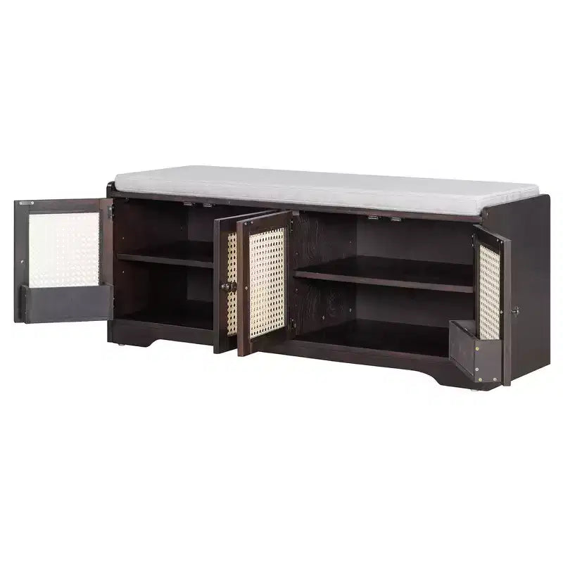 Whisen Rustic Wood Storage Bench, Entryway Shoe Bench with Removable Cushion, Adjustable Shelves – Image 45