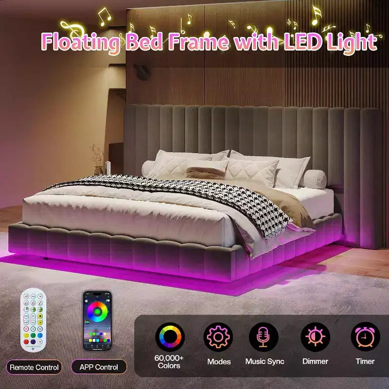 AMERLIFE Upholstered Platform Bed with LED Lights, Floating Design, Solid Slat Support – Image 13