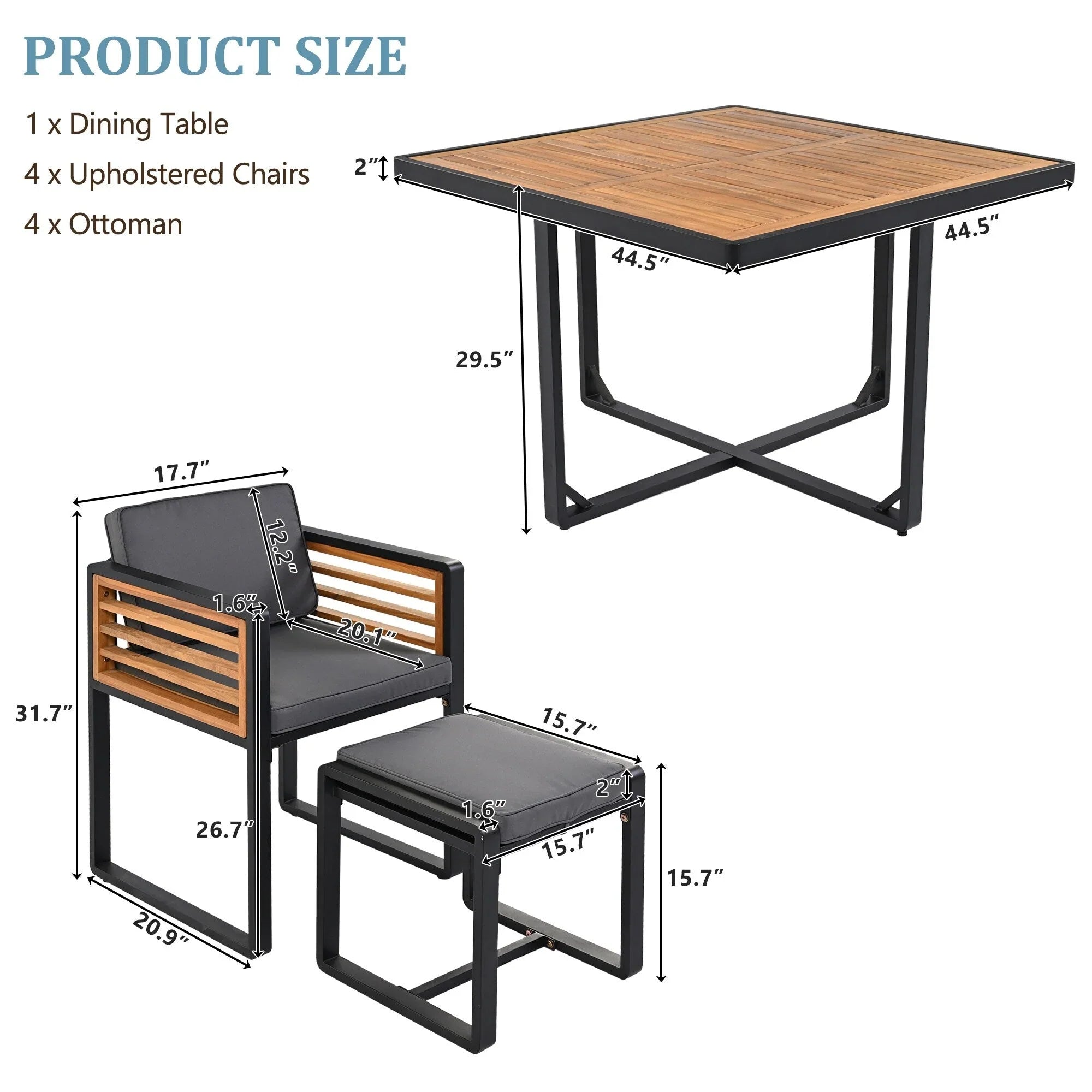 18-Pieces Acacia Wood Patio Dining Set, 8 Cushioned Chairs & 8 Ottomans & 2 Square Table – Image 6