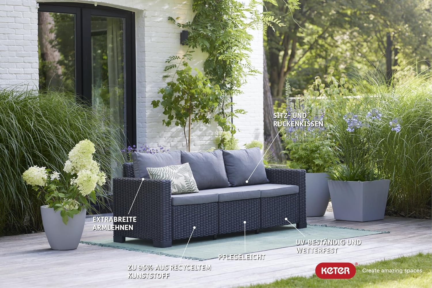Allibert by Keter California Canapé de Jardin 3 Places avec Coussins d'assise et de Dossier, en Plastique, Aspect rotin, Rond, Graphite/Gris Froid, 199 x 68 x 72 cm – Image 2