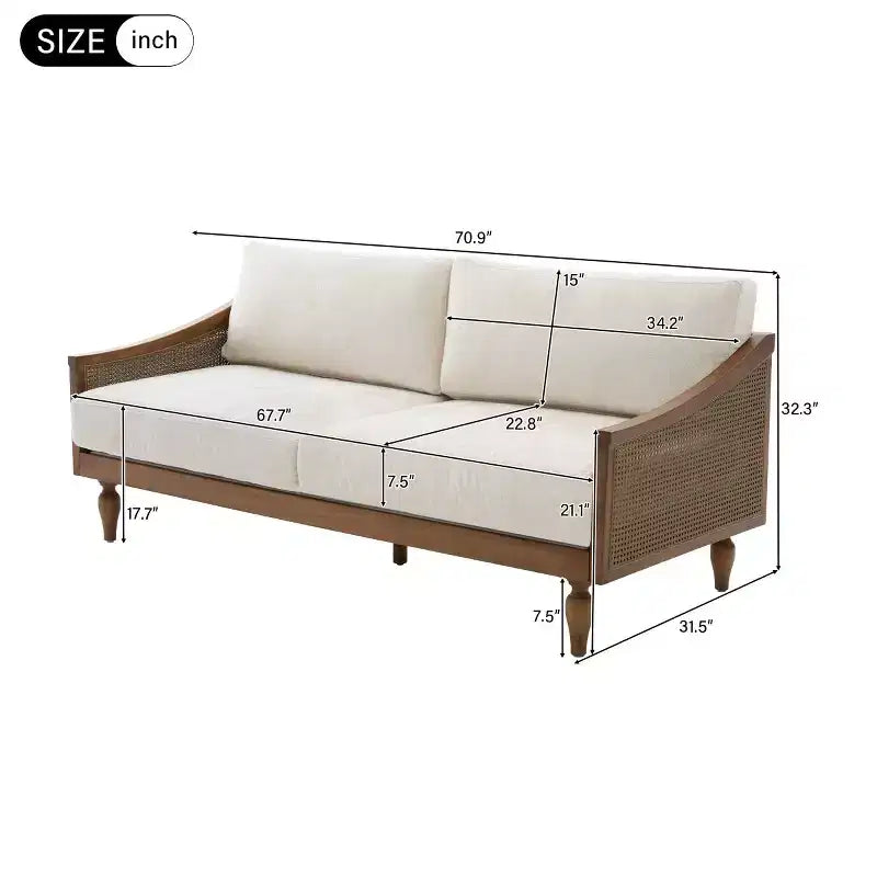 Mid-century Loveseat Sofa with Soft Upholstery, Rattan Armrests & Wooden Legs, 2-Seater Sofa for Living Room, Bedroom, or Apartment-Panipeachy – Image 18