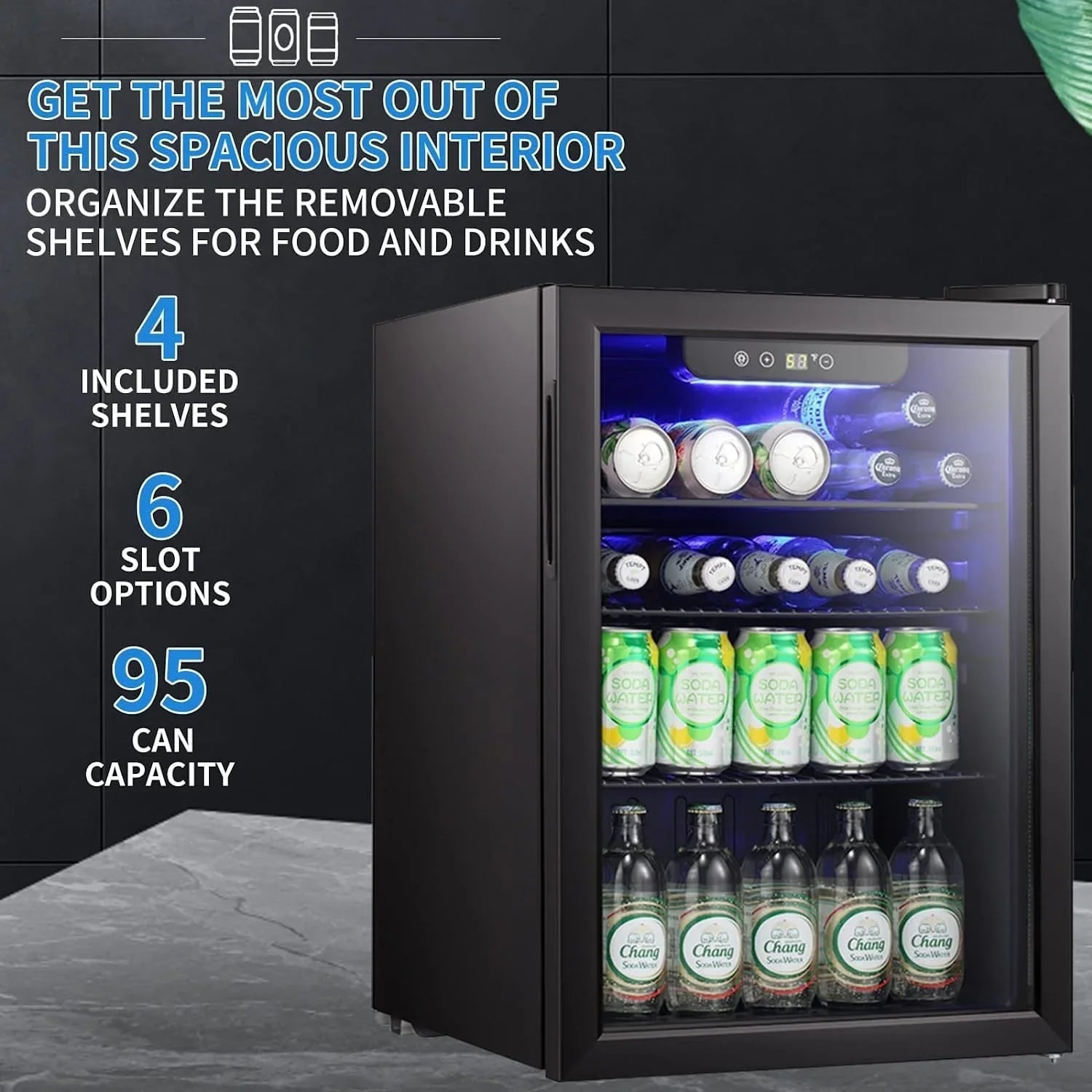 Mini Fridge-100 Can Beverage Refrigerator, Wine Cooler, Clear Front Glass Door, Small Drink Touch Screen - 2.6 Cu. Ft. – Image 3