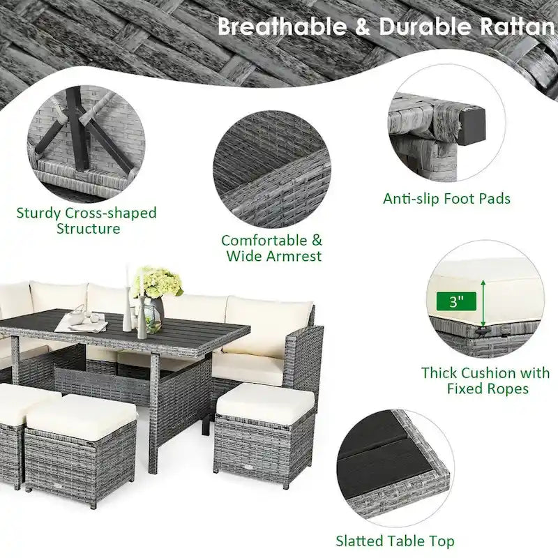 7 Pcs All-Weather Patio Rattan Dining Furniture Sectional Sofa Set with Wicker Ottoman and Cushed Couch – Image 36