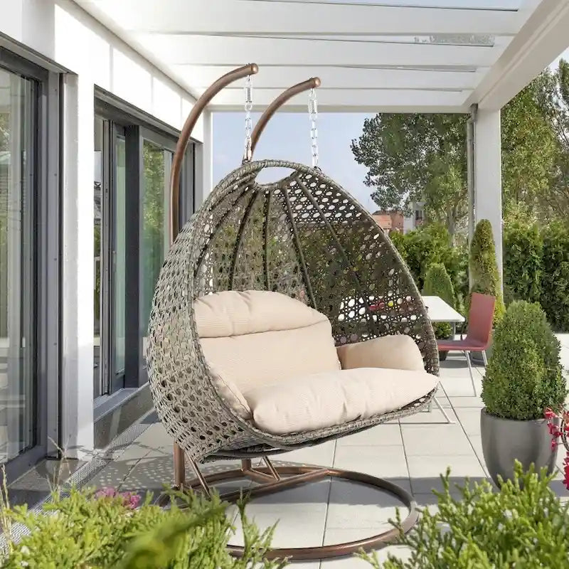 LeisureMod 2 Person Hanging Egg Chair with Stand - Outdoor/Indoor Rattan Wicker Patio Swing Hammock Lounger with Cushions – Image 2