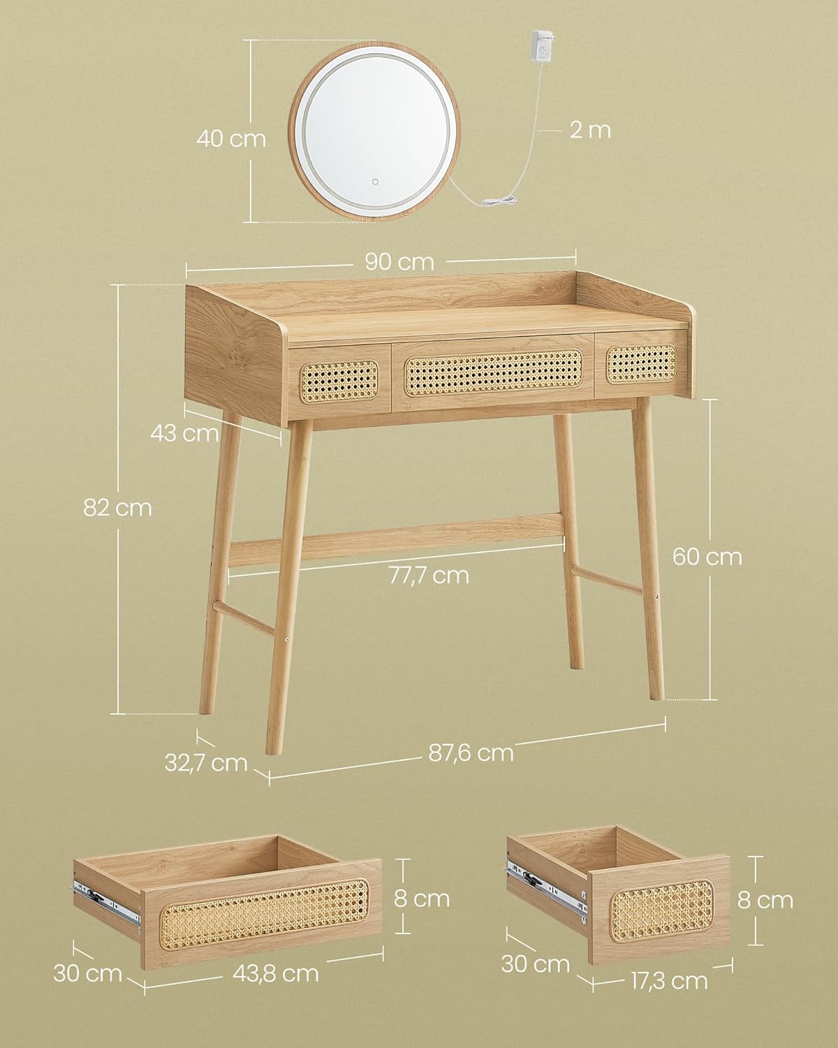 SONGMICS HOME Coiffeuse avec Miroir et Lumière, Table de Maquillage, 3 Tiroirs Imitation Rotin, Lumière Réglable avec 3 Couleurs, Style Bohème, Chambre, Beige Chêne RVT007Y01 – Image 2