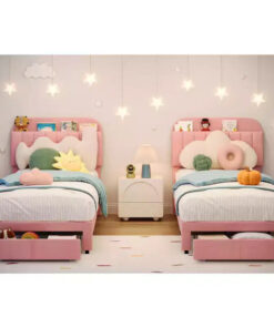 2 Pack Twin Bed Frame with Storage Drawers & Headboard, Velvet Upholstered, Low Profile, Noise-Free, Easy Assembly Pink