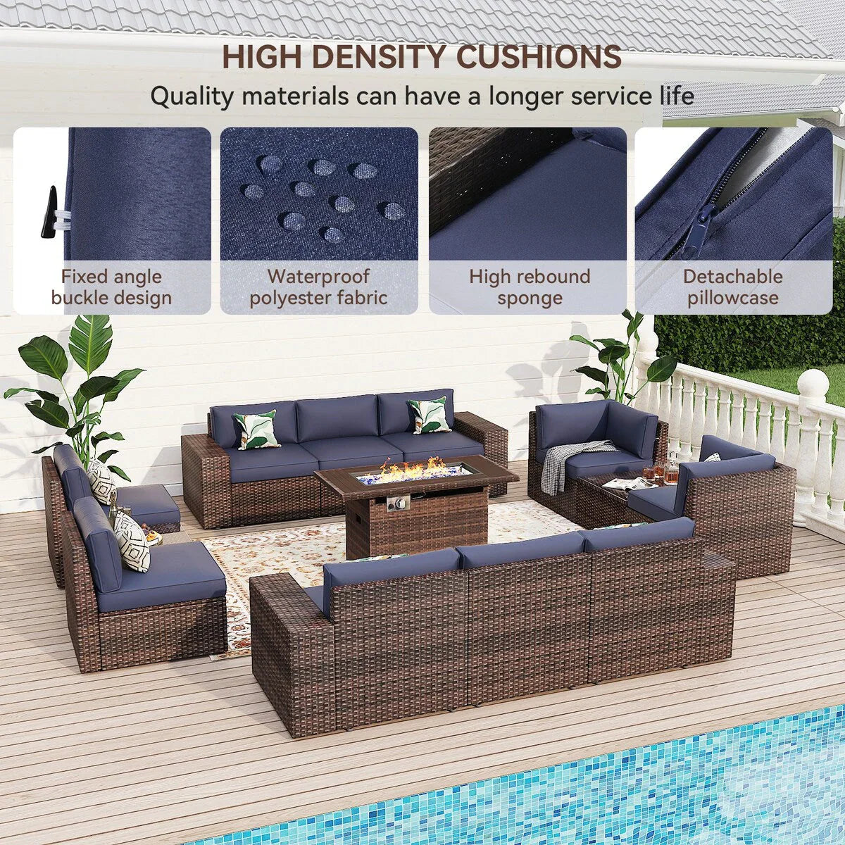 13 Pieces Patio Furniture Set with 44Fire Pit Table – Image 15
