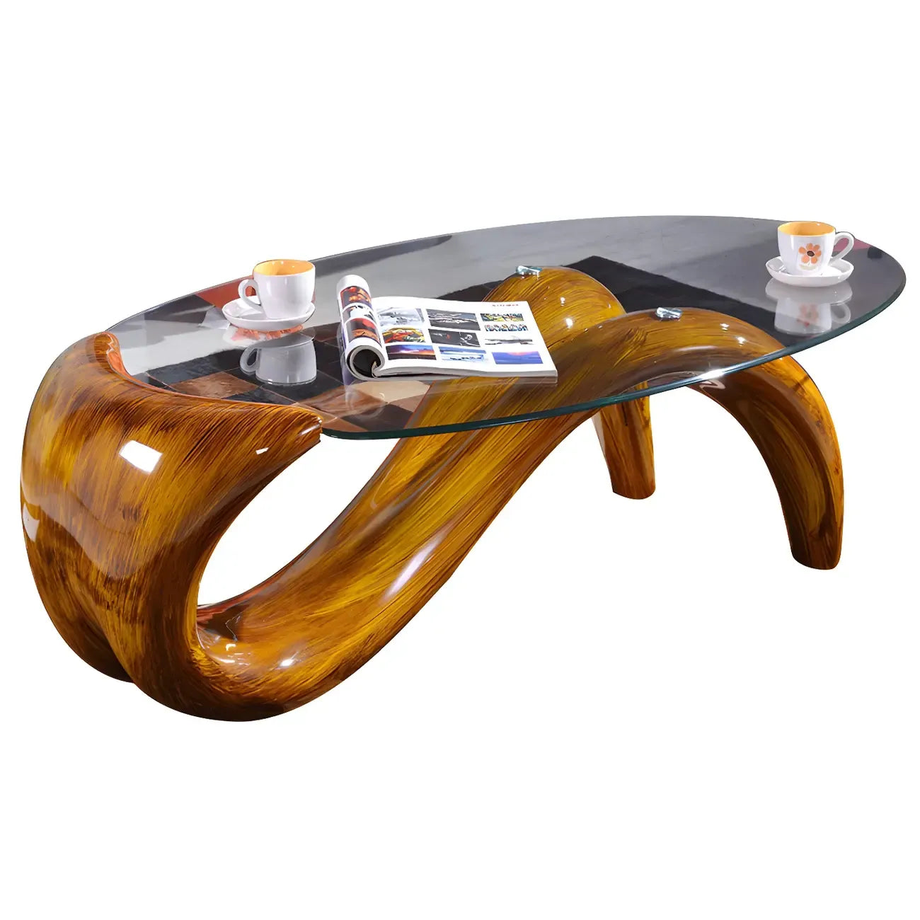 Abstract Modern Oval Glass Top Metal Base Coffee Table – Image 9