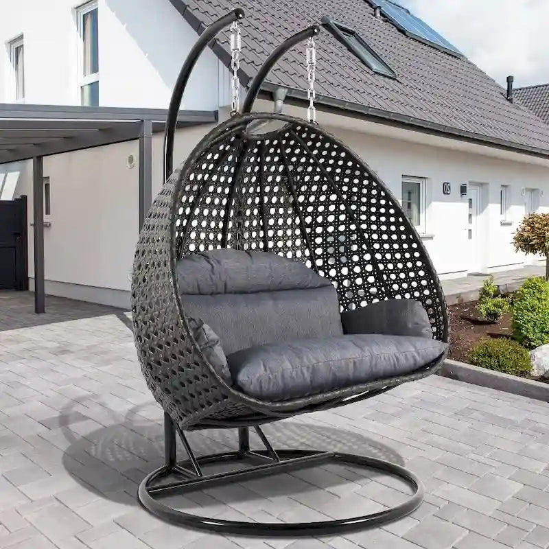 LeisureMod 2 Person Hanging Egg Chair with Stand - Outdoor/Indoor Rattan Wicker Patio Swing Hammock Lounger with Cushions – Image 24