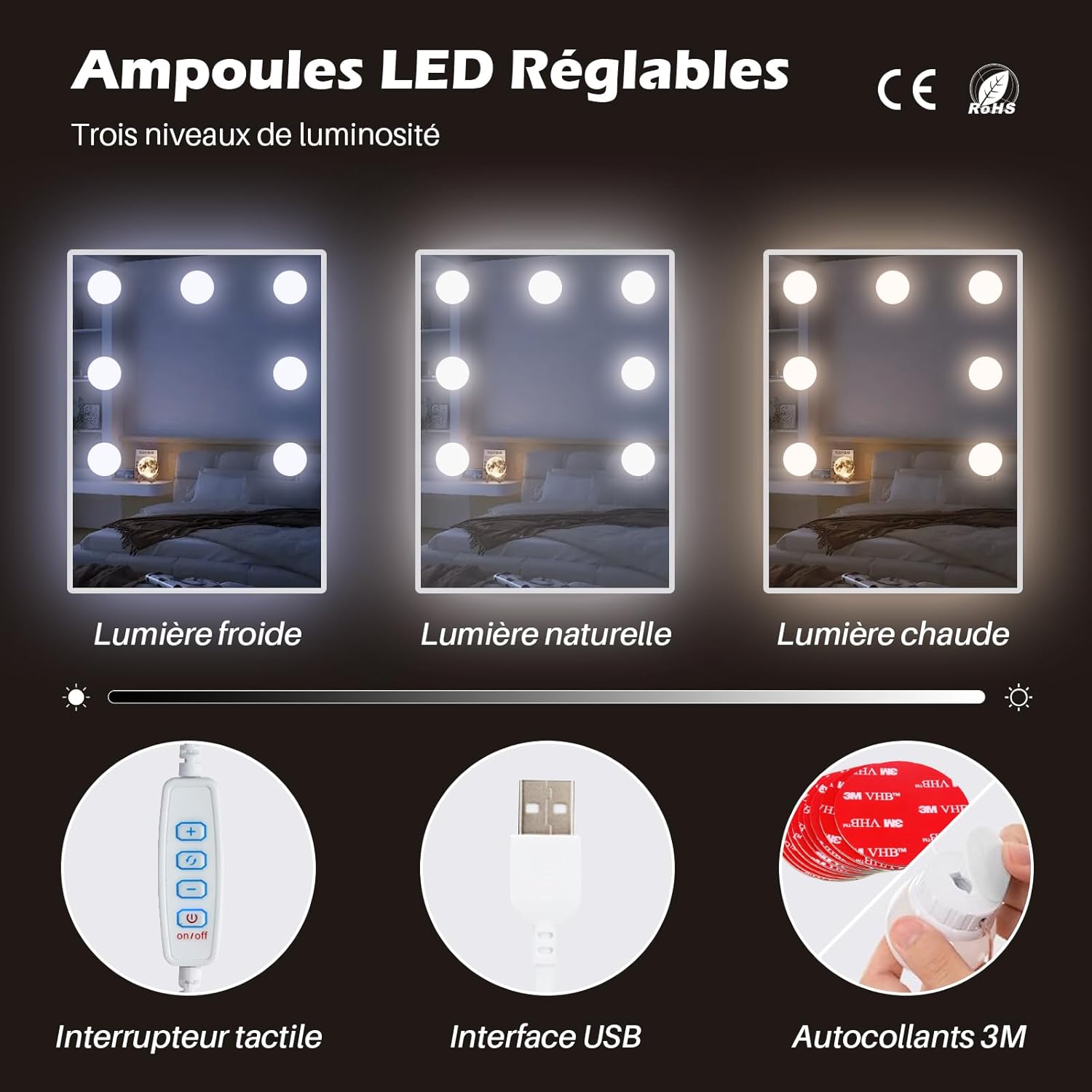Coiffeuse avec Miroir Triptyque et Tabouret, Coiffeuse d'angle Miroir Tabouret 2 Compartiments 5 Tiroirs, Table de Maquillage Blanc Moderne Femme Cadeau avec LED – Image 5