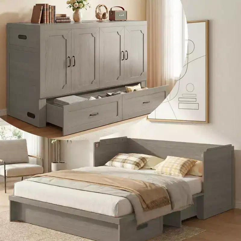 Mjkone Queen Size Convertible Murphy Cabinet Bed with Mattress, USB Charging, Storage Drawers – Image 39