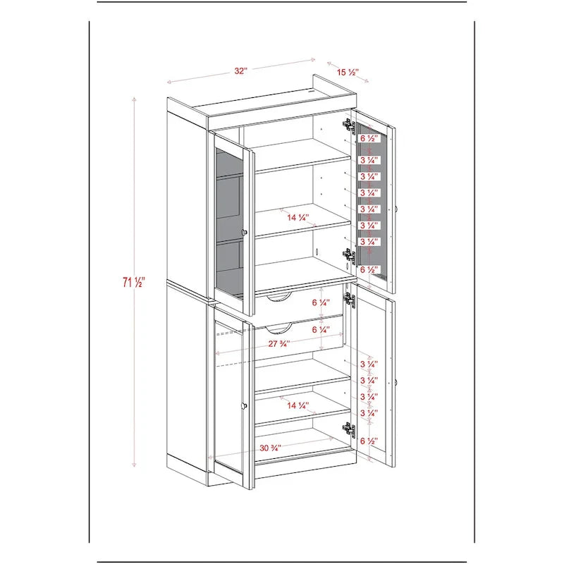 100% Solid Wood Pantry Cabinet with Frosted Glass Doors, Solid Doors, 2-Drawers and Adjustable Shelves – Image 14