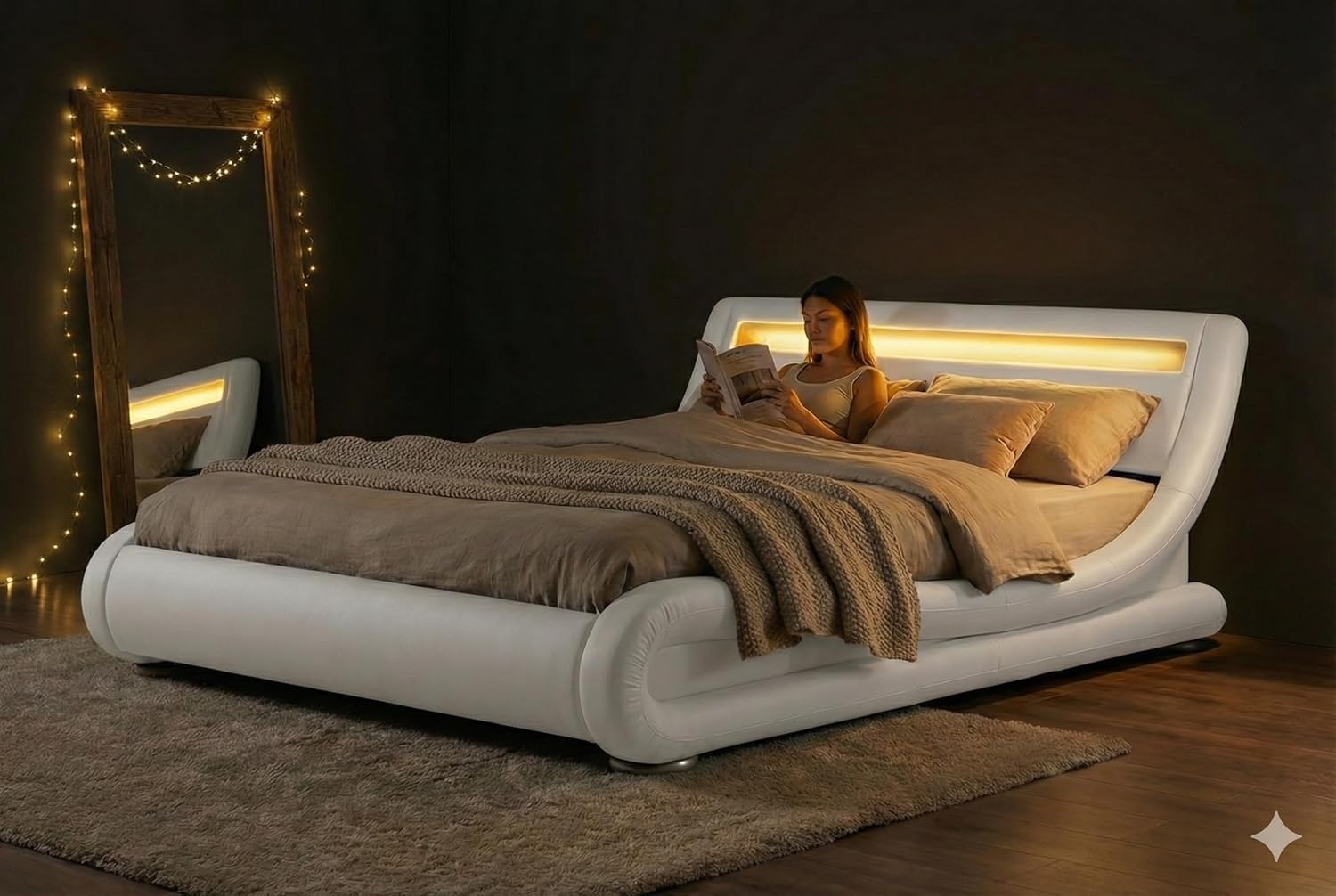 CONCEPT USINE Lit Double Seattle 140x190 cm avec LED Design Moderne en Simili Blanc Tête de Lit Lumineuse Télécommande LED 4 Couleurs Incluse Structure Plywood Solide et Sommier 2 Places – Image 2