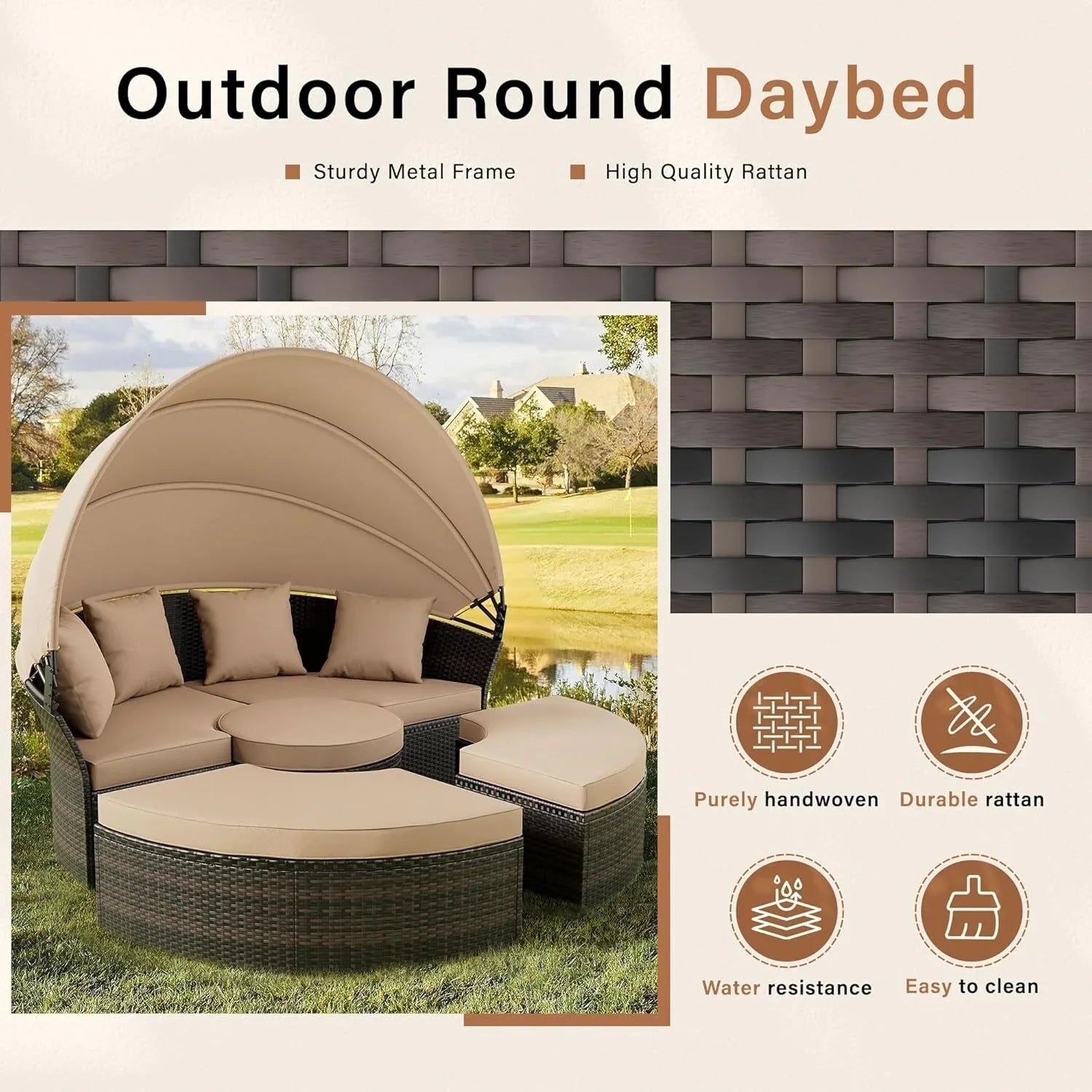 Nuon 4-Piece/5Piece Outdoor Patio Conversation Set Wicker Daybed Set with Canopy by Havenside Home – Image 7