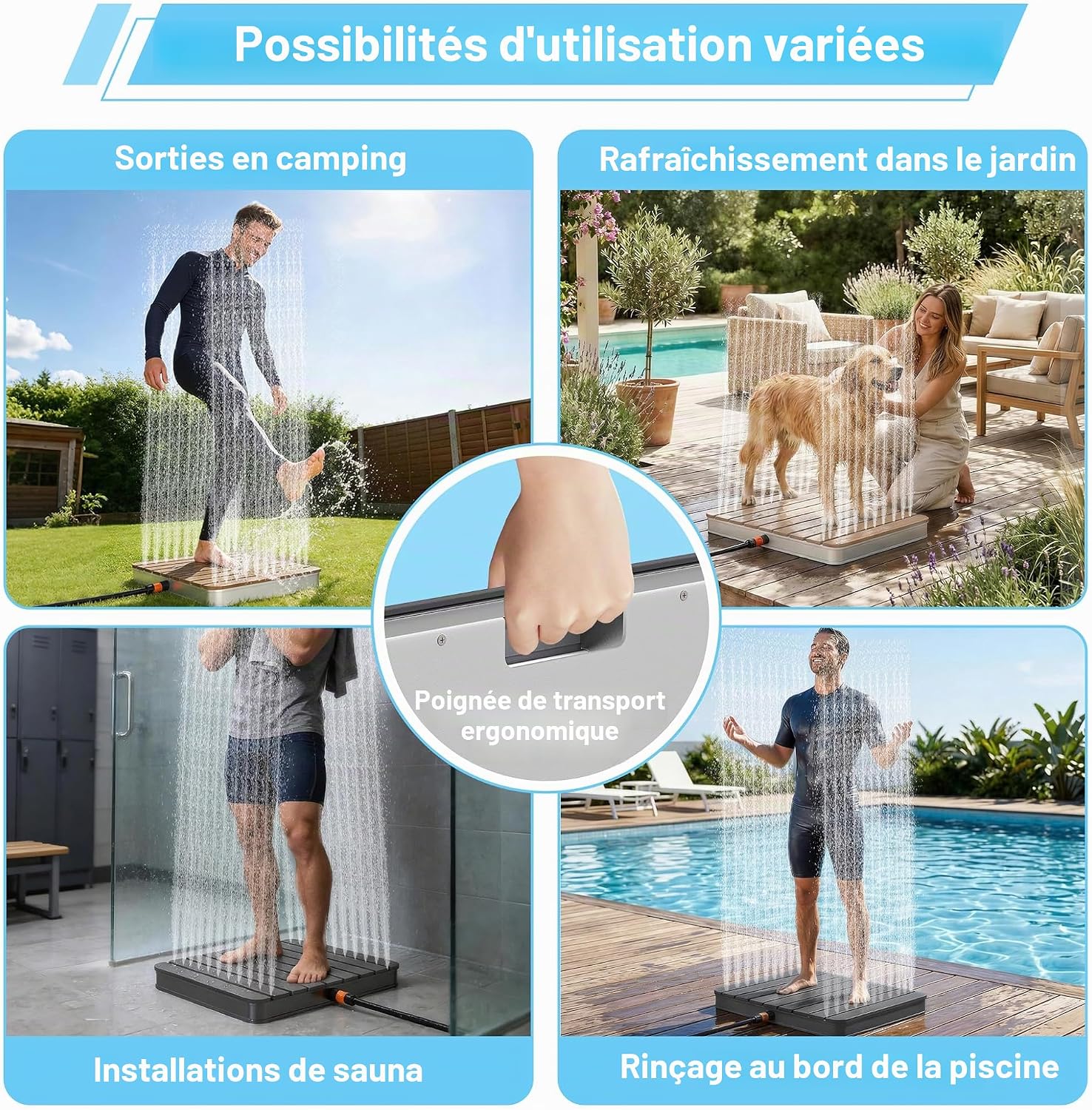 UISEBRT Douche de jardin en WPC et aluminium - Douche au sol mobile Douche solaire Douche de camping - Hauteur de jet réglable jusqu'à 4m - pour piscine Jardin Terrasse (Rectangulaire - Brun) – Image 7
