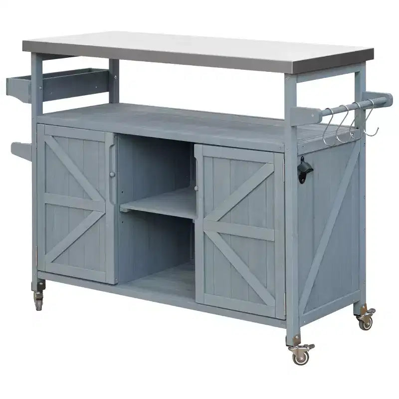 Outdoor Kitchen Island with Stainless Steel Top, Wooden Kitchen Cart with Doors, Shelves and Spice Rack, Rolling Kitchen Island – Image 13