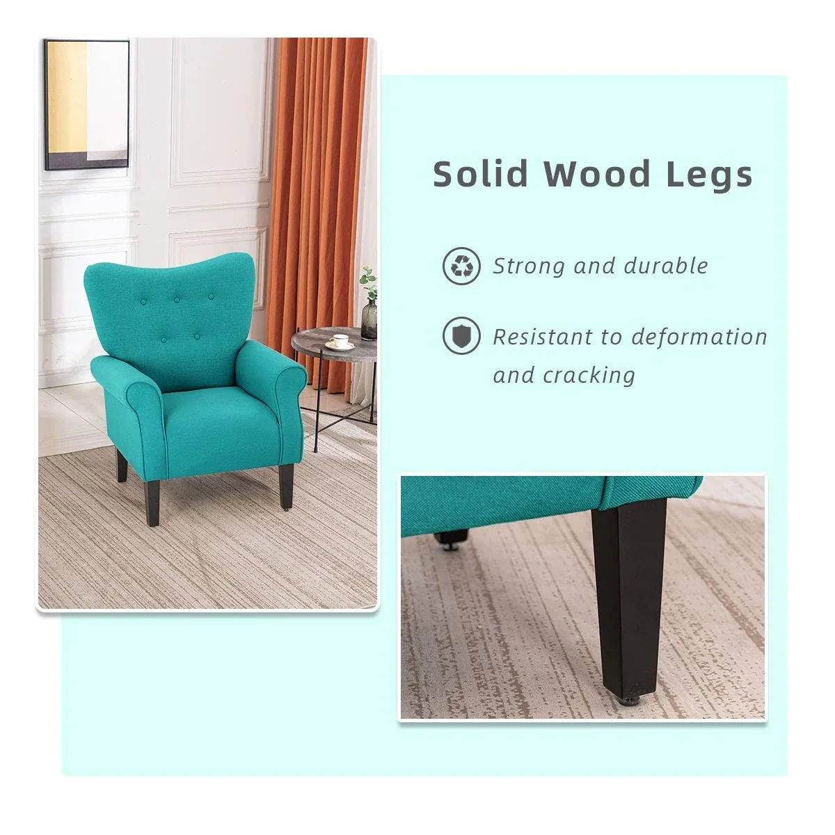 Erommy Modern Accent Chair, High Back Armchair, Upholstered Fabric Button Single Sofa with Wooden Legs for Living Room – Image 32