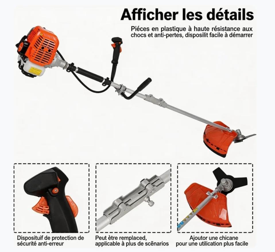 Débroussailleuse à essence 52 cc 2 temps, tige droite avec système anti-vibration, sangle de transport + accessoires pour coupe de jardin et entretien du paysage (2 en 1) – Image 3