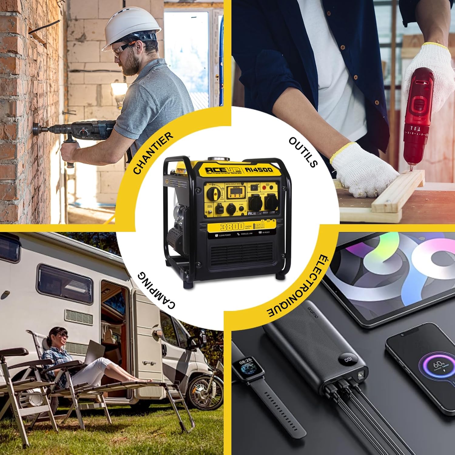 Aceup Energy Groupe électrogène à inverseur 3800W avec générateur à essence 230V 12V pour pannes de courant et chantiers de construction Affichage intelligent 4 temps – Image 8
