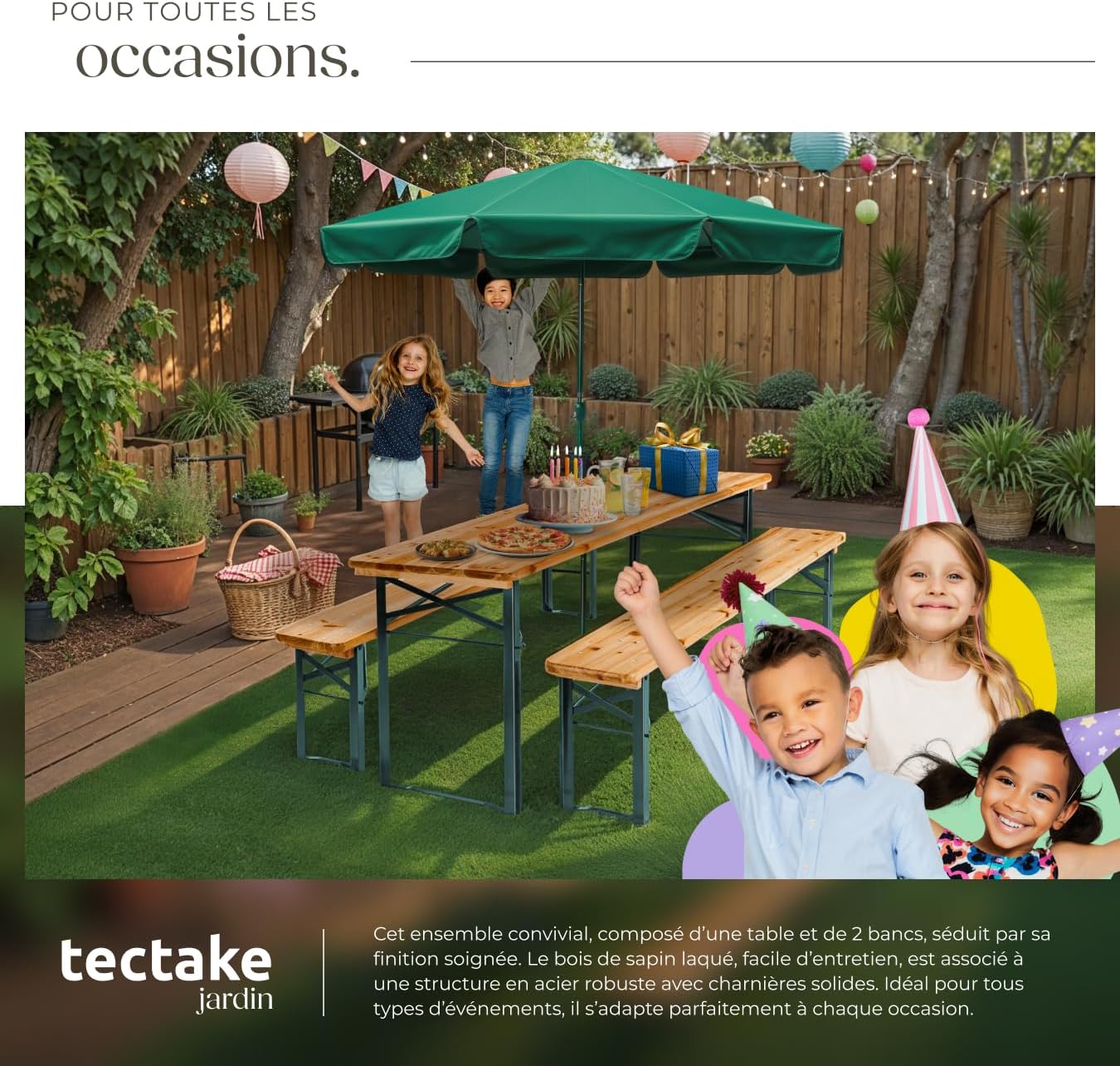 tectake® Ensemble de Table extérieure et Banc en Bois de Brasserie 3 pcs. Salon de Jardin Pliable & Peu encombrant, avec Support Parasol, Mobilier Solide pour Pique Nique Réceptions Barbecue Mariage – Image 7