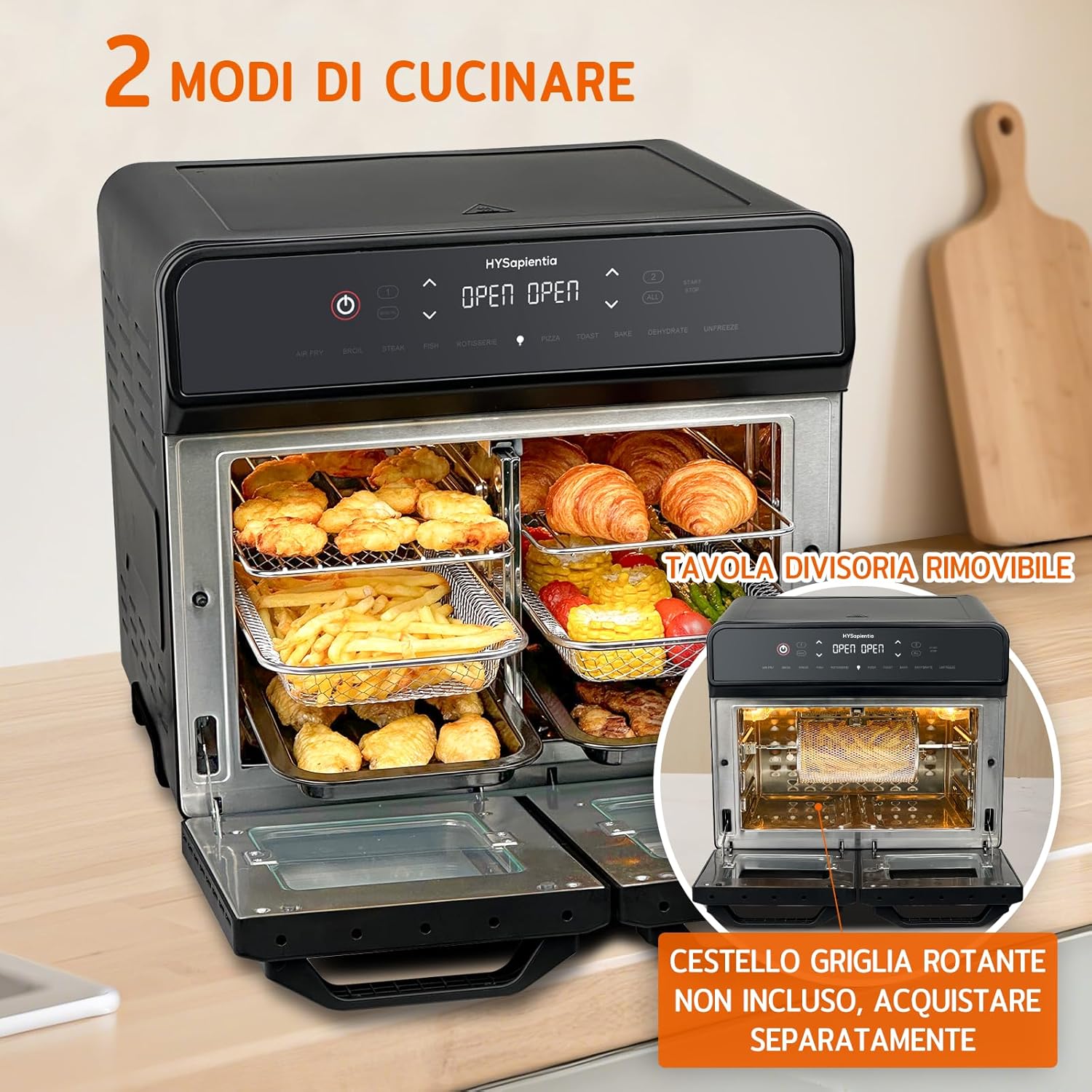 HYSapientia Four de 22 litres, Friteuse à air chaud, double panier, Friteuse à air chaud, 2400 W, 2 paniers en acier inoxydable, 10 fonctions, double température, divisée en deux gammes de serrage – Image 4