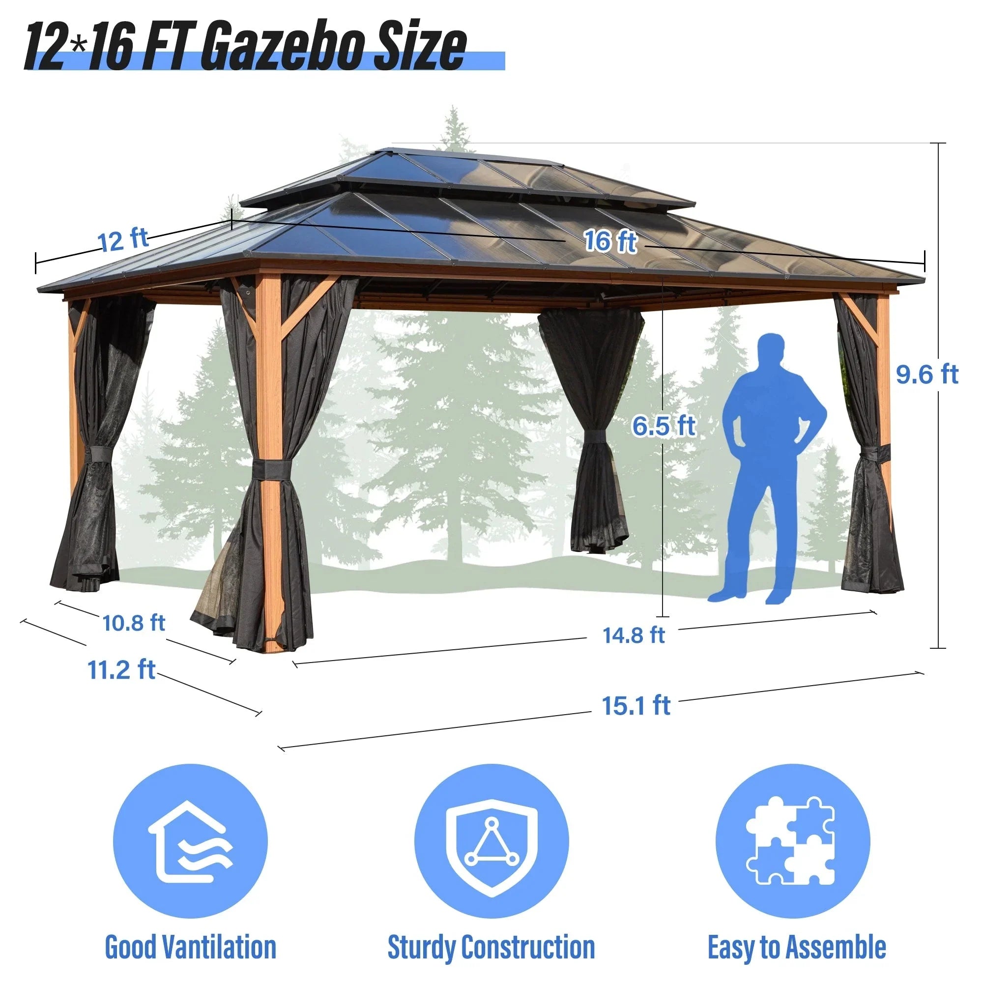 EROMMY Hardtop Gazebo,Outdoor Pergola with Double Roof & Netting & Curtains,Heavy Duty Canopy for Patio, Backyard, Pool party – Image 119