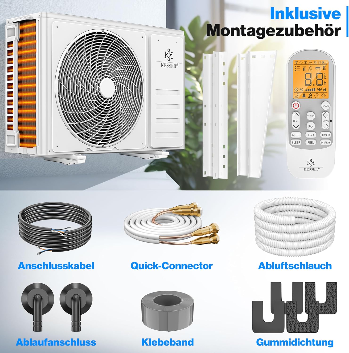 Kesser® Kit de climatisation Split Quick Connect 12000 BTU 3,4 kW – Appareil climatiseur WiFi & App avec fonction de chauffage & mode de refroidissement Climatiseur mural, avec tuyauterie en cuivre – Image 5