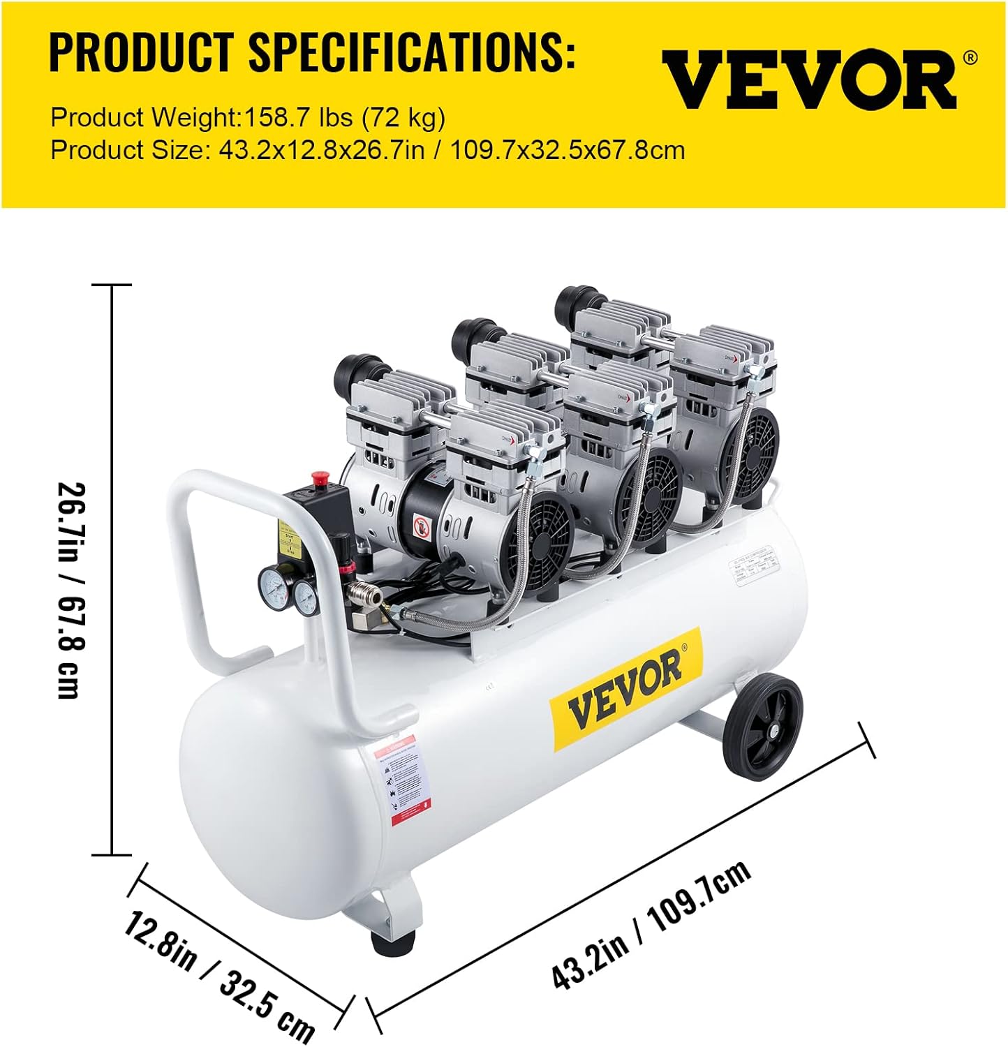 VEVOR Compresseur d’Air sans Huile Compresseur Silencieux à Air Comprimé Compresseur Outil d’Atelier pour Réparations Domiciliaires, Gonflage de Pneus (100L 2.2KW, Électrovanne) – Image 7