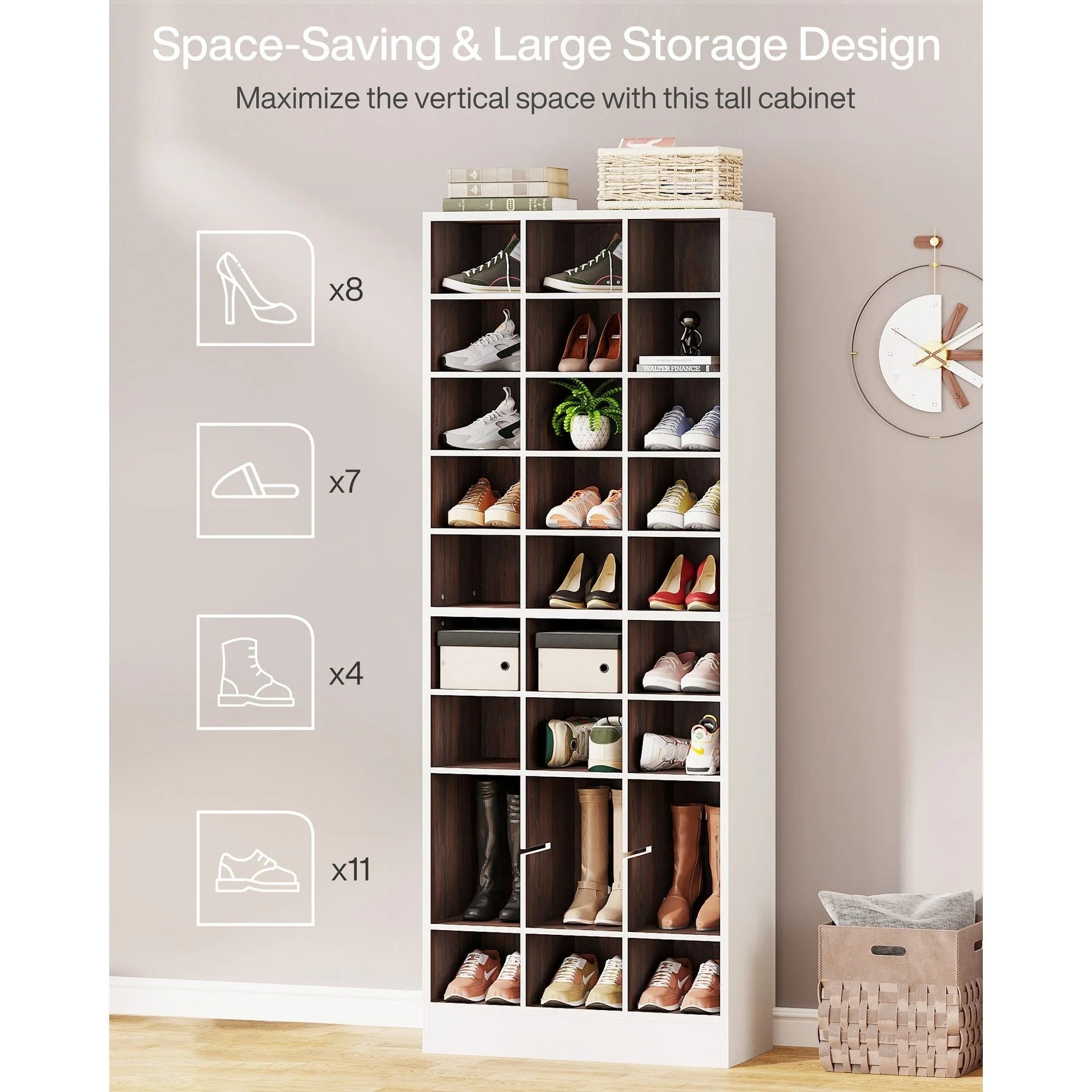 30 Pairs Tall Shoe Cabinet, 10 Tiers White Wooden Shoe Storage Rack for Closet, Entryway - 10-tier – Image 16