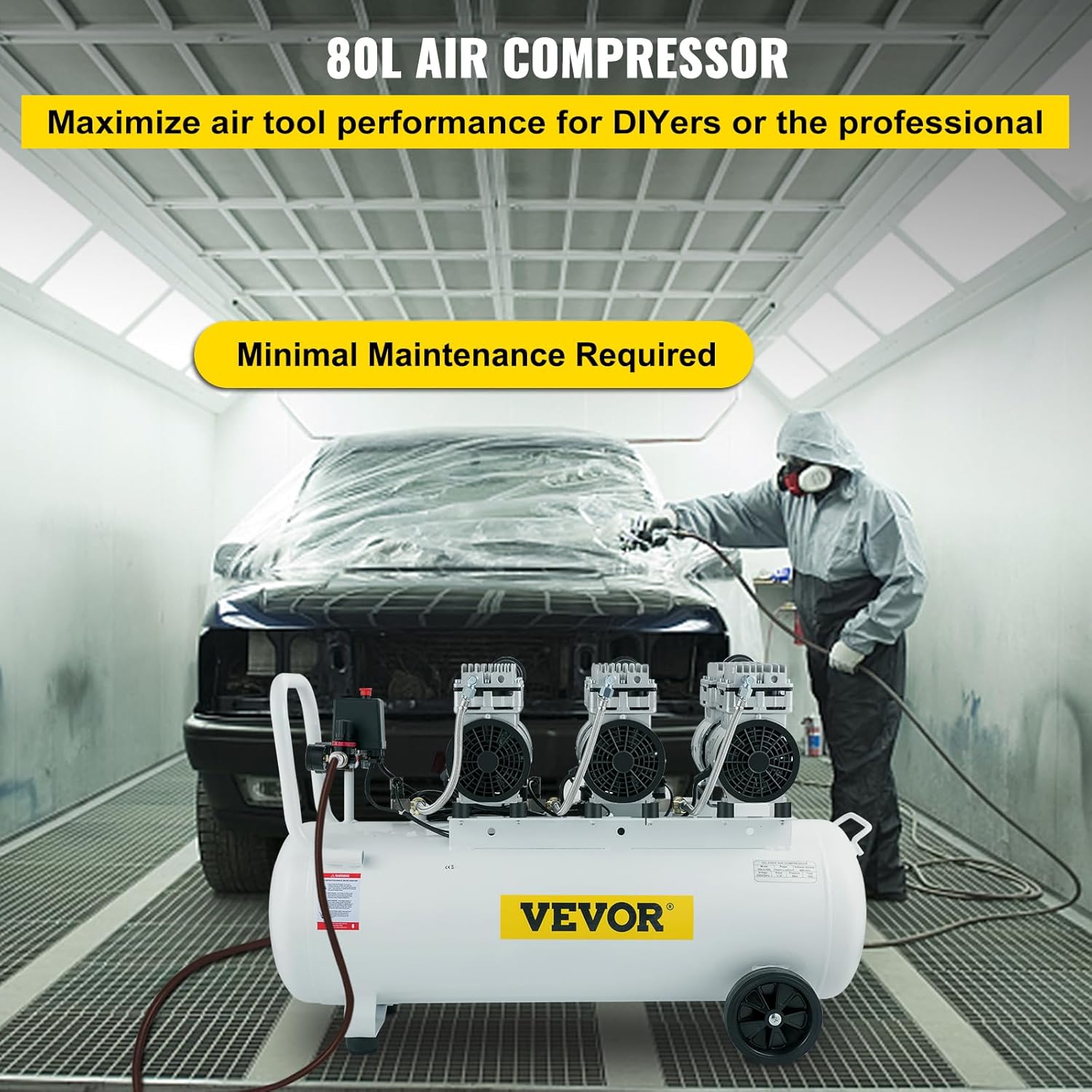 VEVOR Compresseur d’Air sans Huile Compresseur Silencieux à Air Comprimé Compresseur Outil d’Atelier pour Réparations Domiciliaires, Gonflage de Pneus (100L 2.2KW, Électrovanne) – Image 2