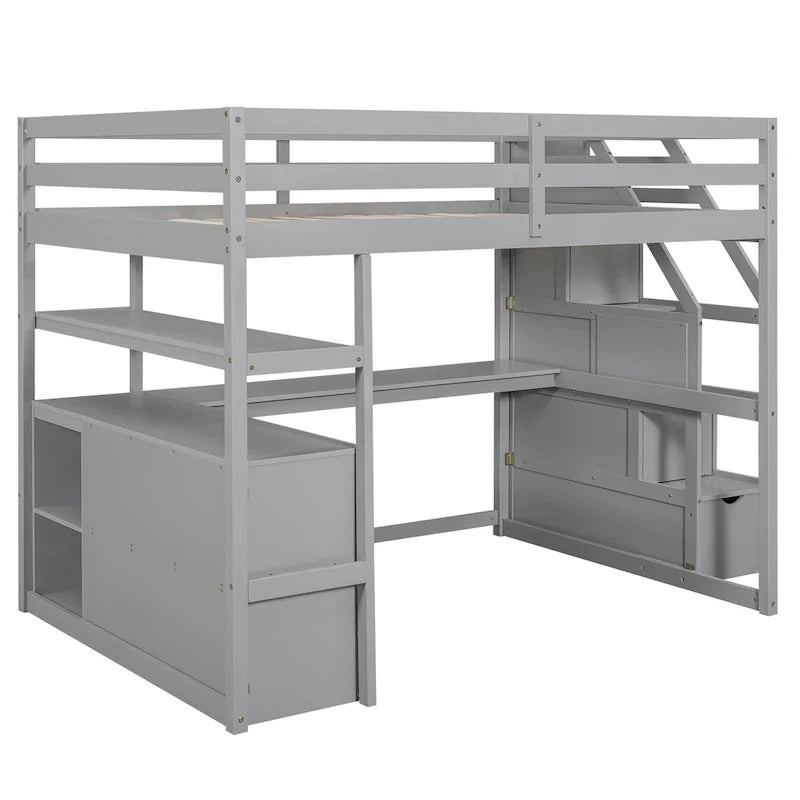 Full Size Loft Bed with Desk and Shelves, Two Built-in Drawers, Storage Staircase, Gray – Image 4