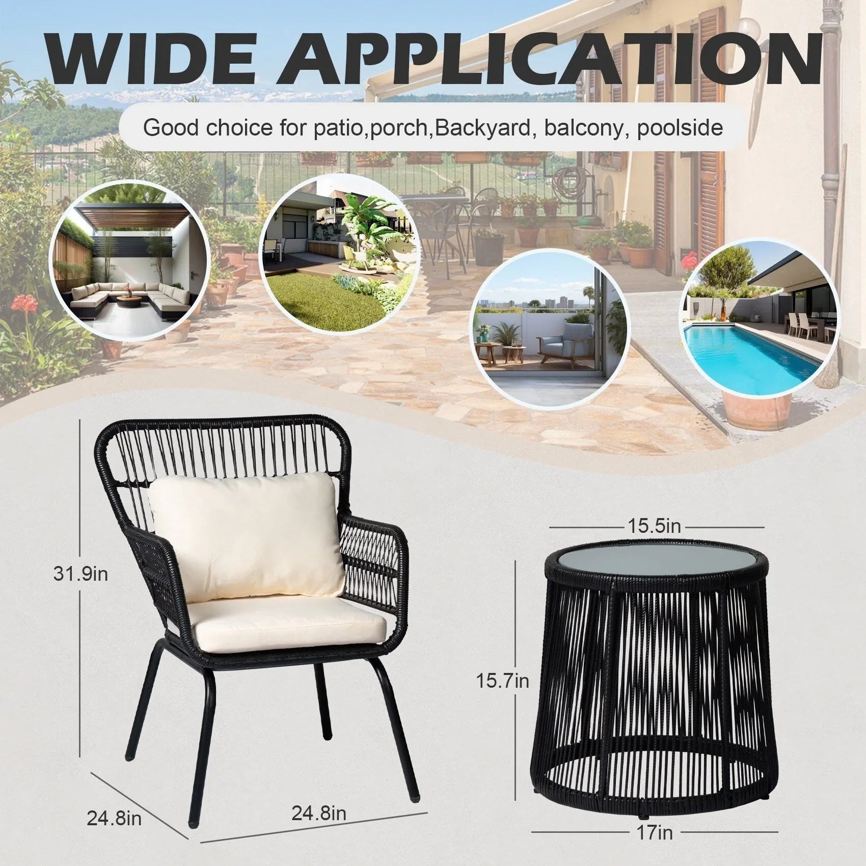 3 Piece Outdoor Wicker Conversation Bistro Set, All-Weather Rattan Furniture Patio Chairs Set with Cushions – Image 39